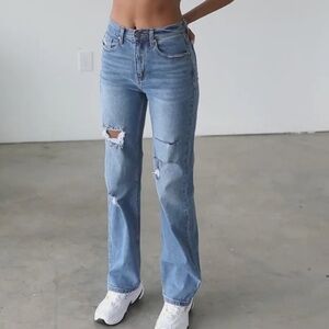 Distressed High Rise Straight Denim Jeans - Dark Blue size 5/26